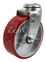 (image for) Caster; Swivel; 6" x 2"; PolyU on Cast Iron (Usu Red or Green); Hollow Kingpin (1/2" bolt hole); Zinc; Roller Brng; 400# (Item #64200)