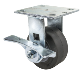 (image for) Caster; Rigid; 4" x 2"; Thermoplastized Rubber (Gray); Plate (4"x4-1/2"; holes: 2-5/8"x3-5/8" slotted to 3"x3"; 3/8" bolt); Zinc; Roller Brng; 300#; Cam Brake (Item #64731)