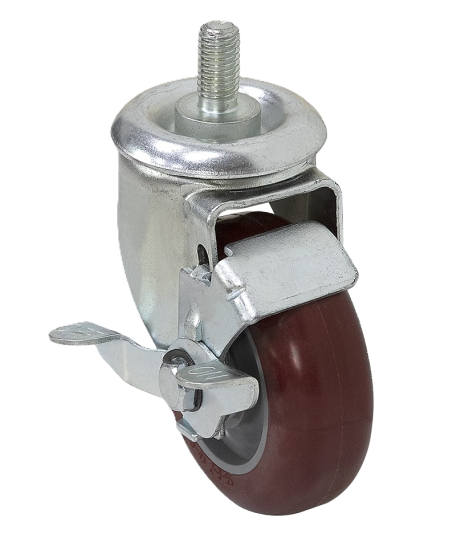 Caster; Swivel; 4\" x 1-1/4\"; PolyU on PolyO (Red); Threaded Stem (1/2\"-13TPI x 1-1/2\"); Zinc; Delrin Spanner; 300#; Tread brake (Item #66373)