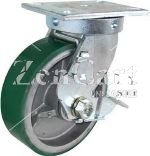 (image for) Caster; Swivel; 6"x2-1/2"; PolyU on Cast; Plate; 4-1/2x6-1/4; holes: 2-7/16x4-15/16 (slotted to 3-3/8x5-1/4); 1/2 bolt; Roller Brg; 2000#; Brake; Kingpinless (Item #65202)