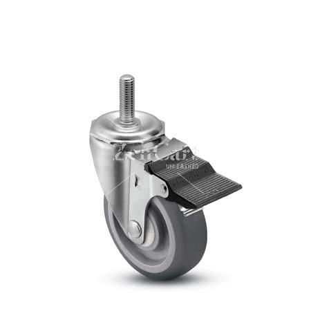 (image for) Caster; Swivel; 4"x1-1/4"; PolyU on PolyO (Gray); Threaded Stem (1/2"-13TPI x 2-13/16"); Zinc; Ball Brng; 300#; Pedal Brake; Bearing Cover; Dustcap (Mtl) (Item #67356)