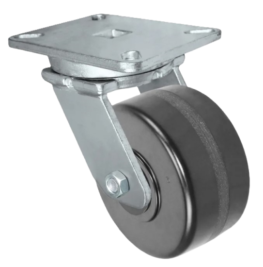 Caster; Swivel; 10\" x 2-1/2\"; Phenolic; Plate (4-1/2\"x6-1/4\"; holes: 2-7/16\"x4-15/16\" slotted to 3-3/8\"x5-1/4\"; 1/2\" bolt); Zinc; Roller Brng; 2200# (Item #63013)