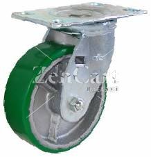 (image for) Caster; Swivel; 5" x 2"; PolyU on Cast Iron (Red or Green); Plate (4-1/2"x6-1/4"; holes: 2-7/16"x4-15/16" slots to 3-3/8"x5-1/4"); Zinc; Roller Brg; 1100# (Item #69871)