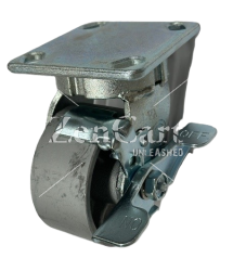 (image for) Caster; Swivel; 4" x 2"; Cast Iron; Plate (4"x4-1/2"; holes: 2-5/8"x3-5/8" slots to 3"x3"; 3/8" bolt); Zinc; Roller Brng; 1000#; Kingpinless; Tread brake (Item #68750)
