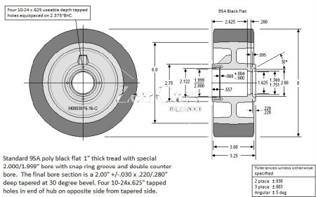 (image for) Wheel; 8" x 3"; PolyU (1"; 95A) on HD Cast; 2" Stepped Plain Bore with Snap Ring Groove; Dbl. Counter Bore 3-1/4" Hub Length; 3200#; Made in USA; Threaded Cap (Item #87605)