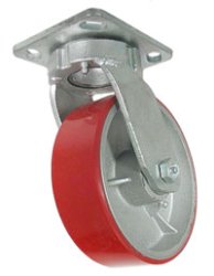 Caster; Swivel; 8" x 3"; PolyU on Cast Iron; Plate (4-1/2"x6-1/4"; holes: 2-7/16"x4-15/16" slotted to 3-3/8"x5-1/4"; 1/2" bolt); Roller Brng; 2500#; Kingpinless (Item #65628)