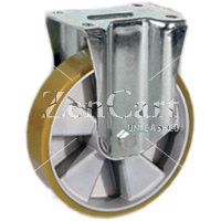 (image for) Caster; Rigid; 125mm x 35mm; PolyU on Alum (Orange); Top Plate (85mm x 100mm: holes: 60mmx80mm; 9mm bolt); Zinc; Ball Brng; 485# (Item #66182)
