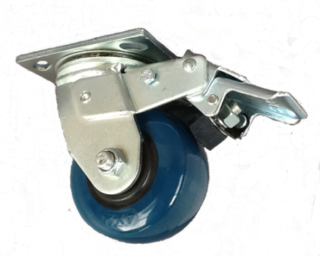 (image for) Caster; Swivel; 6"x2"; PolyU on PolyO (Red or Blue); Plate; 4"x4-1/2"; holes: 2-5/8"x3-5/8" (slots to 3"x3"); 3/8" bolt; Roller Brng; 900#; Total Lck (Trailing) (Item #63978)