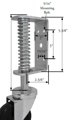 Gate Caster Bracket (2"x5-3/8"; holes 15/16"x3" apart); Accepts 7/16" Grip Ring stem caster; Max 5" wheel; 230# to full spring compression. 2" of movement. (Item #88470)