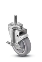 Caster; Swivel; 6" x 1-1/4"; PolyU on PolyO (Gray); Threaded Stem (1/2"-13TPI x 1-1/2"); Zinc; Prec Ball Bearing; 300#; Wheel Brake (Item #65025)
