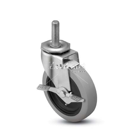 (image for) Caster; Swivel; 3" x 1"; Thermoplastized Rubber (Gray on Blk); Threaded Stem (3/8"-16TPI x 1-1/2"); Zinc; Plain bore; 125#; Tread brake (Item #66235)