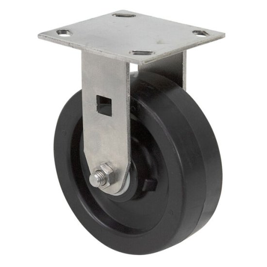 Caster; Rigid; 5\" x 2\"; Polyolefin; Plate; 4\"x4-1/2\"; holes: 2-5/8\"x3-5/8\" (slotted to 3\"x3\"); 3/8\" bolt; Zinc; Roller Brng; 650# (Item #63654)