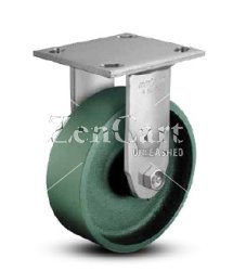 (image for) Caster; Rigid; 6" x 2"; Cast Iron; Plate (4"x4-1/2"; holes: 2-5/8"x3-5/8" slots to 3"x3"; 3/8" bolt); Zinc; Roller Brng; 1200#; Warranty; Made in USA (Item #63459)