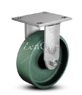(image for) Caster; Rigid; 6" x 2"; Cast Iron; Plate (4"x4-1/2"; holes: 2-5/8"x3-5/8" slots to 3"x3"; 3/8" bolt); Zinc; Roller Brng; 1200#; Warranty; Made in USA (Item #63459)