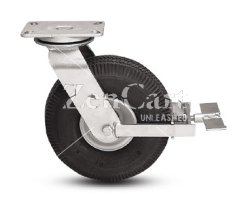 (image for) Caster; Swivel; 10" x 4"; Pneumatic (Black); Plate (4"x4-1/2"; holes: 2-5/8"x3-5/8" slots to 3"x3"; 3/8" bolt); Prec Ball Brng; 350#; USA Made; Face Brake (Item #63646)