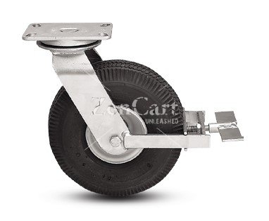 (image for) Caster; Swivel; 10" x 4"; Pneumatic (Black); Plate (4"x4-1/2"; holes: 2-5/8"x3-5/8" slots to 3"x3"; 3/8" bolt); Prec Ball Brng; 350#; USA Made; Face Brake (Item #63646)