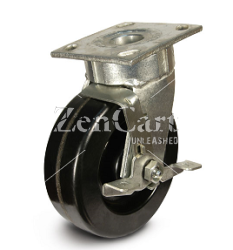 (image for) Caster; Swivel; 5" x 2"; Phenolic; Plate (4"x5"; holes: 2-5/8"x3-5/8" slotted to 3"x3"; 3/8" bolt); Zinc; Roller Brng; 1000#; Side Brake; Kingpinless (Item #65667)
