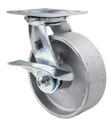 Caster; Swivel; 8" x 2"; Cast Iron; Plate (4-1/2"x6-1/4"; holes: 2-7/16"x4-15/16" slotted to 3-3/8"x5-1/4"; 1/2" bolt); Zinc; Roller Brng; 1200#; Cam Brake (Item #66095)