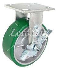 (image for) Caster; Rigid; 5" x 2"; PolyU on Cast; Plate; 4"x4-1/2"; holes: 2-5/8"x3-5/8" (slotted to 3"x3"); 3/8" bolt; Zinc; Roller Brng; 1250#; Wheel Brake (Item #68844)