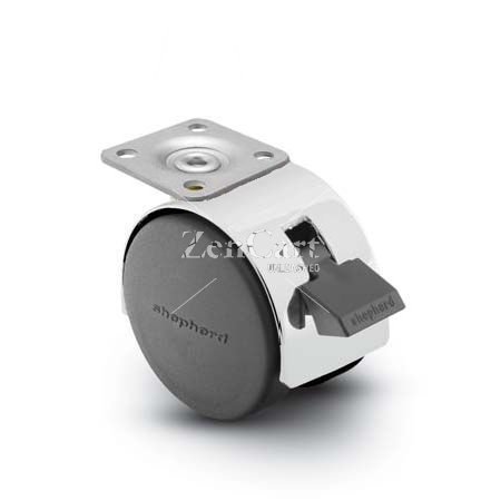 (image for) Caster; Twin; Swivel; 2" (50mm); Nylon; Plate; 1-3/16"x2"; holes: 13/16"x1-9/16"; 3/16" bolt; Bright Chrome; Zinc Body; 75#; Wheel Brake; Hood (Item #67739)
