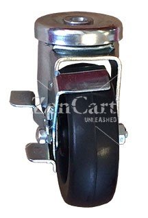 (image for) Caster; Swivel; 4" x 1-1/4"; Polyolefin; Hollow Kingpin (1/2" bolt hole); Zinc; Delrin Spanner; 300#; Dustcap; Tread brake (Item #66007)