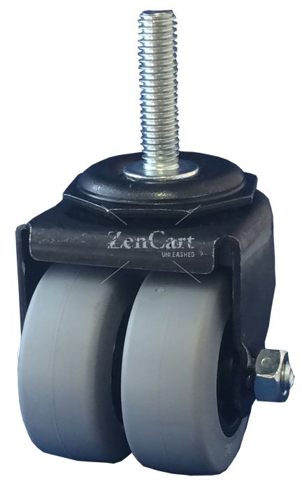 (image for) Caster; Dual Wheel; Swivel; 2" x 7/8" (x2); Thermoplastized Rubber (Gray); Threaded Stem (3/8-16TPI x 1-1/2); Black Rig; Plain bore; 180# (Item #65738)