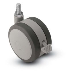 Caster; Twin; Swivel; 5in (125mm); Thermoplastized Rubber (Gray); Threaded Stem; 1/2-13TPI x 1-1/2; Black/Grey; Riveted Axle; 225#; Wheel Brake (Item #67696)