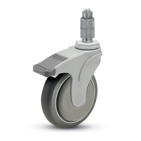 (image for) Caster; Swivel; 5" x 1-1/4"; Thermoplastized Rubber; Expanding Adapter (Round for 1" ID tubing); Nylon Yoke; Prec Ball Brng; 300#; Thrd Grds; Total Lock Brake (Item #63716)