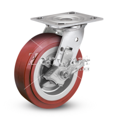 (image for) Caster; Swivel; 4"x2"; PolyU on PolyO (Red); Plate (4x4-1/2; holes: 2-5/8x3-5/8 slotted to 3x3; 3/8 bolt); Stainless; Stainless Roller Brng; 700#; Tread Brake (Item #67266)