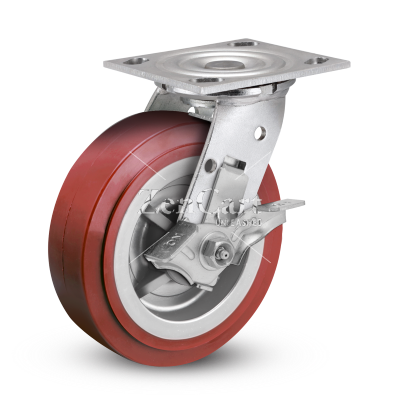 (image for) Caster; Swivel; 5"x2"; PolyU on PolyO (Usu Red or Blue); Plate; 4x4-1/2; holes: 2-5/8x3-5/8 (slots69 to 3x3); 3/8 bolt; Roller Brg; 750#; Top Lock Brake (Item #67600)