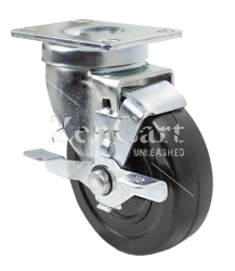 (image for) Caster; Swivel; 4" x 1-1/4"; Rubber (Hard); Plate (2-5/8"x3-3/4"; holes: 1-3/4"x2-3/4" slots to 3"; 5/16" bolt); Zinc; Plain bore; 250#; Dust Cover (Mtl); Brake (Item #64590)