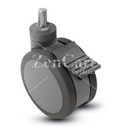 (image for) Caster; Twin Wheel; 100mm (4"); Polyurethane; Threaded Stem (1/2"-13TPI x 1-1/2"); Gray; Steel Axle; 225#; Total Lock Brake (Item #67361)