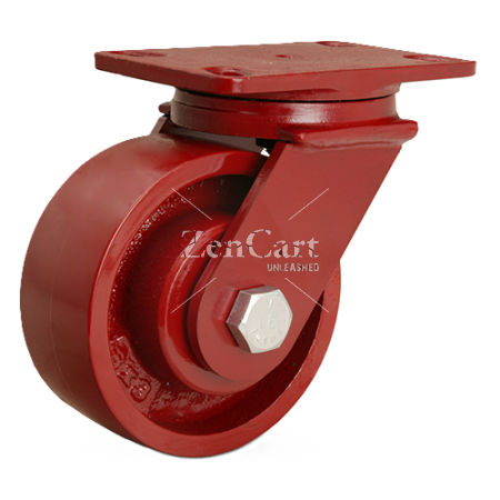 (image for) Caster; Swivel; 6" x 2-1/2"; Cast Iron; Plate (4-1/2"x6-1/4"; holes: 2-7/16"x4-15/16" slotted to 3-3/8"x5-1/4"; 1/2" bolt); Red Yoke; Roller Brng; 2200# (Item #62952)