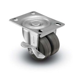 Caster; Dual Wheel; Swivel; 2" x 7/8" (x2); Polyolefin; Plate (2-5/8"x3-3/4"; holes: 1-3/4"x2-3/4" slotted to 3"; 5/16" bolt); Zinc; Plain bore; 225#; Brake (Item #66516)