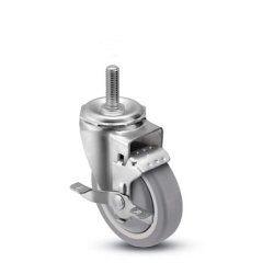 Caster; Swivel; 3" x 1-1/4"; PolyU on PolyO (Gray); Threaded Stem (1/2-13TPI x 1-1/2); Stainless; Plain Bore; 250#; Tread brake; Dustcap (Item #64737)
