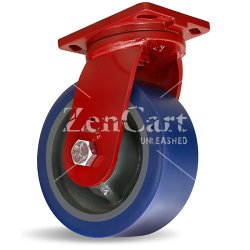 (image for) Caster; Swivel; 10" x 4"; PolyU on Forged Steel; Plate; 6-1/2"x7-1/2": holes: 5-1/8"x5-3/4" (slots to 3-7/8"x6-1/4"); 1/2" bolt; Zinc; Prec Tapered Brng; 5000# (Item #63835)