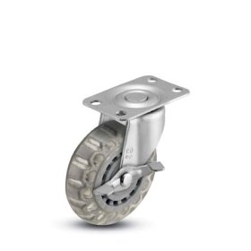 (image for) Caster; Swivel; 3" x 13/16"; Polyurethane (Clear); Plate (1-3/16" x 2"; holes: 13/16" x 1-9/16"; 3/16" bolt); Zinc; Plain bore; #; Side friction brake (Item #64094)