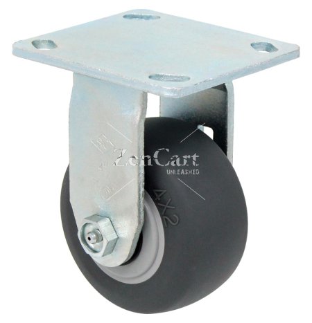(image for) Caster; Rigid; 5" x 2"; Thermoplastized Rubber (Gray); Plate (4"x4-1/2"; holes: 2-5/8"x3-5/8" slots to 3"x3"; 3/8" bolt); Zinc; Prec Ball Brng; 410# (Item #63620)