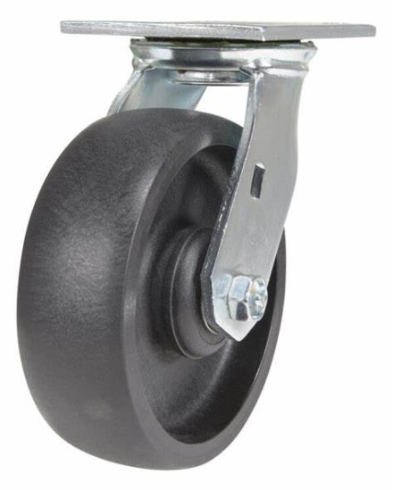 Caster; Swivel; 4\" x 1-1/4\"; Glass/ Nylon Hi-Temp (Bk); Plate (2-1/2\"x3-5/8\"; holes: 1-3/4\"x2-7/8\" slotted to 3\"; 5/16\" bolt); Zinc; Steel Spanner; 350# (Item #63420)
