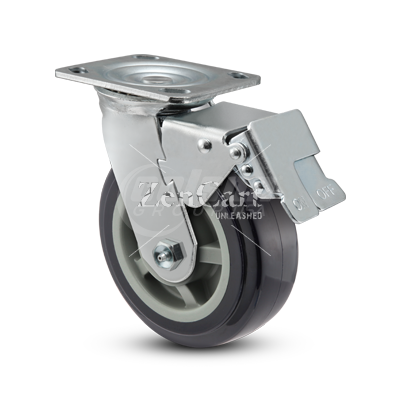 (image for) Caster; Swivel; 4" x 2"; Blue Thermo-Urethane; Plate (4"x4-1/2"; holes: 2-5/8"x3-5/8" slots to 3"x3"; 3/8" bolt); Dual Sealed Prec Ball Brng; 600#; Total Lock (Item #63756)