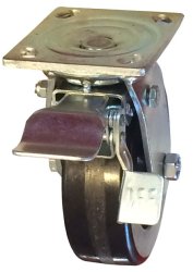 Caster; Swivel; 5" x 2"; PolyU on Nylon; Plate (4"x4-1/2"; holes: 2-5/8"x3-5/8" slots to 3"x3"; 3/8" bolt); Zinc; Roller Brng; 1000#; Total Lock (Leading) (Item #64219)