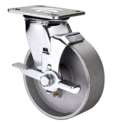 Caster; Swivel; 3-1/2" x 1-1/4"; Cast Iron; Plate (4"x4-1/2"; holes: 2-5/8"x3-5/8" slots to 3"x3"; 3/8" bolt); Zinc; Plain bore; 350#; Tread brake (Item #63318)