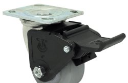 Caster; Swivel; 6" x 2"; Phenolic; Plate (4"x4-1/2"; holes: 2-5/8"x3-5/8" slots to 3"x3"; 3/8" bolt); Zinc; Roller Brng; 1200#; Pedal Wheel brake (Item #63980)