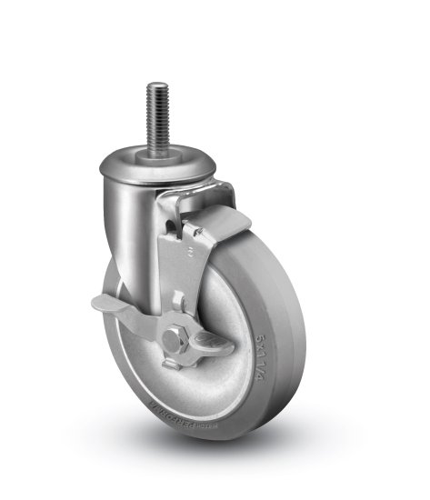 Caster; Swivel; 4\" x 1\"; Thermoplastized Rubber (Gray); Threaded Stem (7/16\"-14TPI x 2-1/4\"); Zinc; Plain bore; 190#; Wheel Brake (Item #65643)