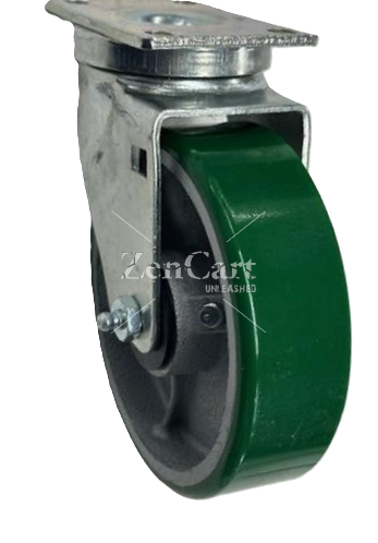 (image for) Caster; Swivel; 5" x 1-1/2"; PolyU on Cast Iron; Plate (2-1/2"x3-5/8"; holes: 1-3/4"x2-7/8" slots to 3"; 5/16" bolt); Zinc; Roller Brng; 400#; Dustcap (Item #62954)