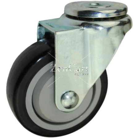 (image for) Caster; Swivel; 4" x 1-1/4"; PolyU on PolyO (Black); Hollow Kingpin (1/2" bolt hole); Zinc; Plain bore; 250#; Dust Cover (Mtl) (Item #64896)