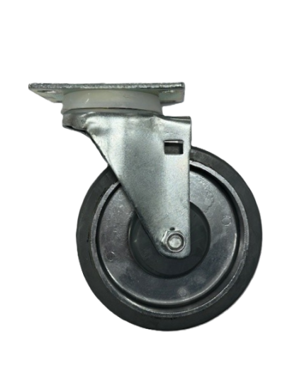 (image for) Caster; Swivel; 5" x 1-1/4"; Gray Rubber on Alum; Plate (2-1/2"x3-3/4"; holes: 1-3/4"x2-7/8" slots to 3"; 5/16" bolt); Zinc; Prec Ball Brngs; 250#; Dust Cover (Item #62921)