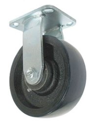 Caster; Rigid; 5" x 2"; PolyU (Crowned) on Cast (Bl/Bk); Top Plate (5"x5-1/2"; holes: 4-1/8"x4-1/2"; 3/8" bolt); Zinc; Roller Brng; 1250# (Item #66449)