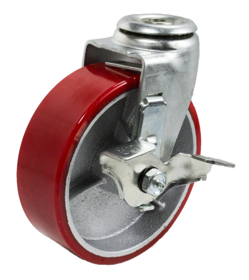 Caster; Swivel; 6\" x 2\"; PolyU on Cast Iron (Usu Red or Green); Hollow Kingpin (1/2\" bolt hole); Zinc; Roller Brng; 400#; Tread brake (Item #64199)