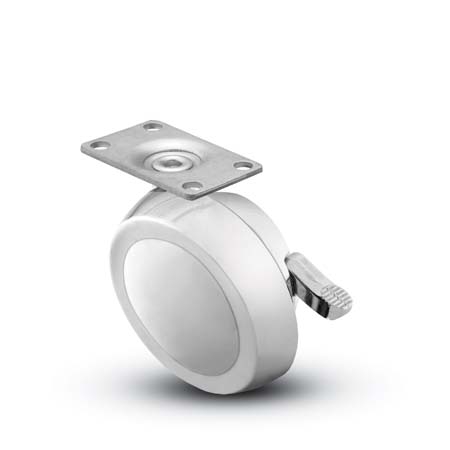 Caster; Ball; Swivel; 2-1/2; Metal/ Zinc; Top Plate; 1-3/16x2; hole spacing: 13/16x1-9/16; 3/16 bolt; Bright Chrome; Acetyl/ Resin Brng; 100#; Brake (Item #68517)